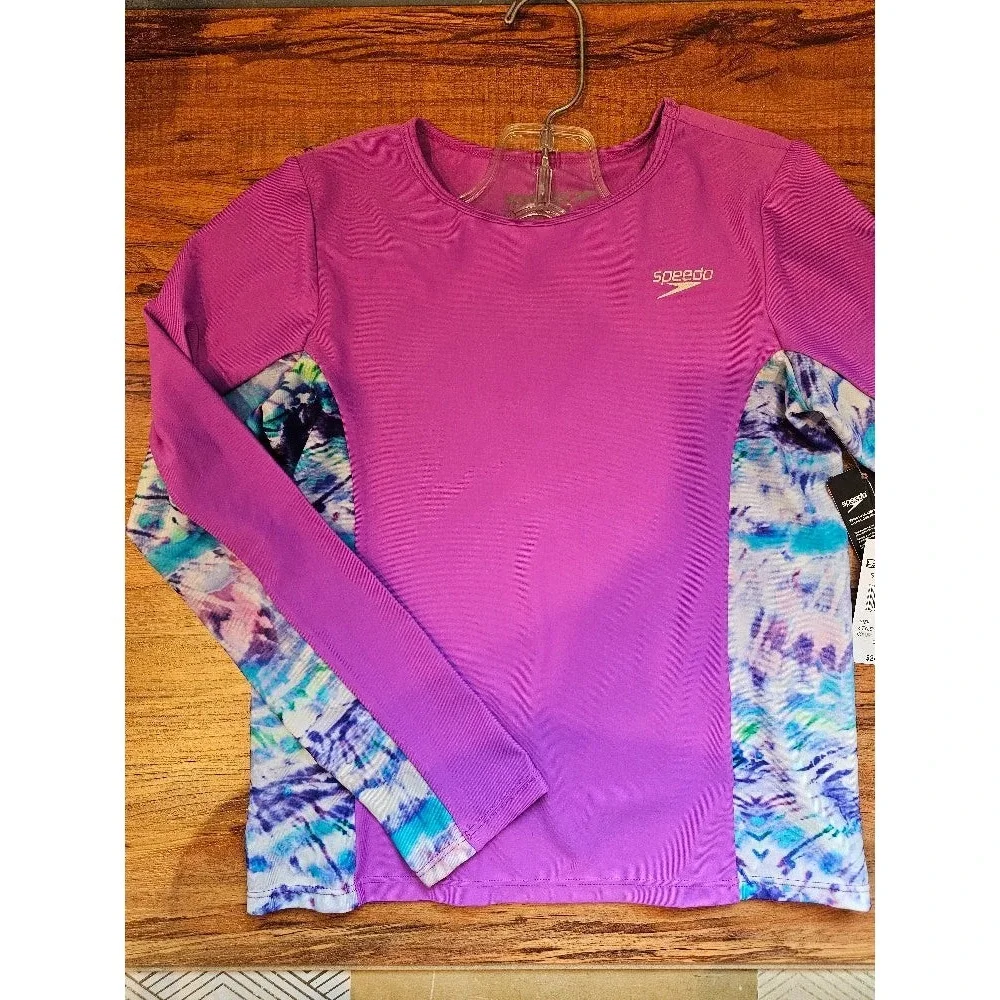Speedo Girls' Swim Shirt Long Sleeve Rashguard - UPF 50+, Purple Combo, Medium